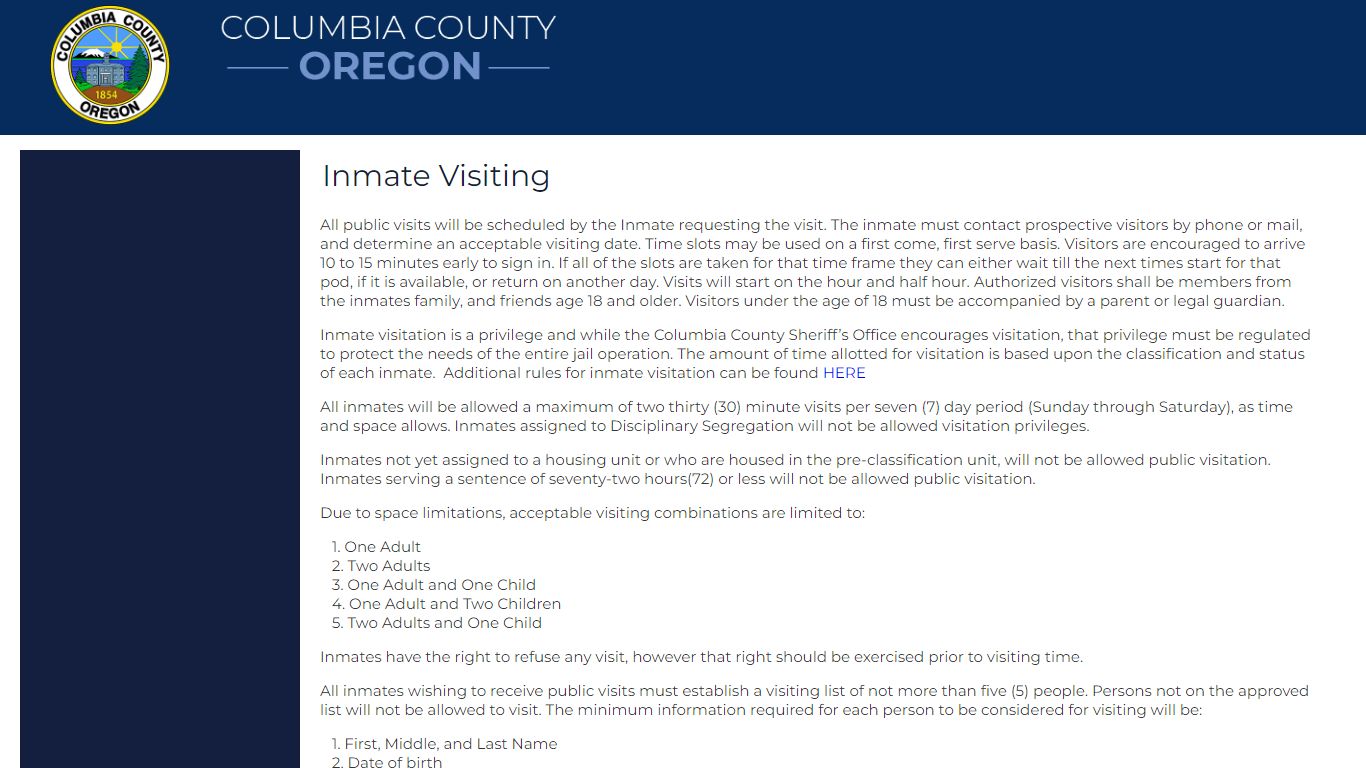 Columbia County, Oregon Official Website - Inmate Visiting